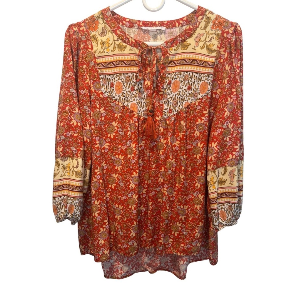 Jane + Delancey Womens Colorful Floral Boho Tassel Tie Top Large Peasant